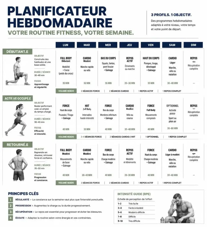 Infographie présentant un plan de routine sportive durable pour débutant et actif pressé