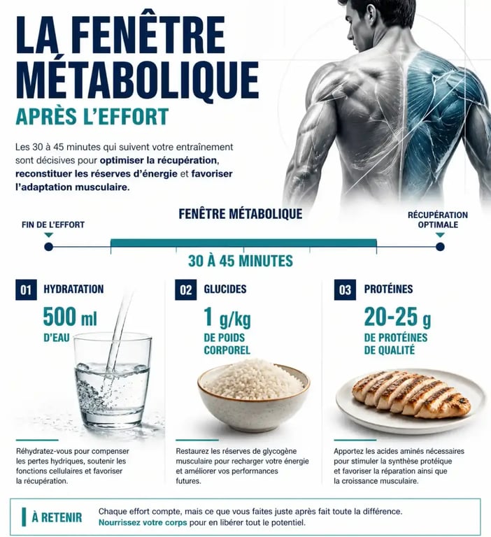 Infographie des besoins nutritionnels durant la fenêtre métabolique pour optimiser sa récupération sportive