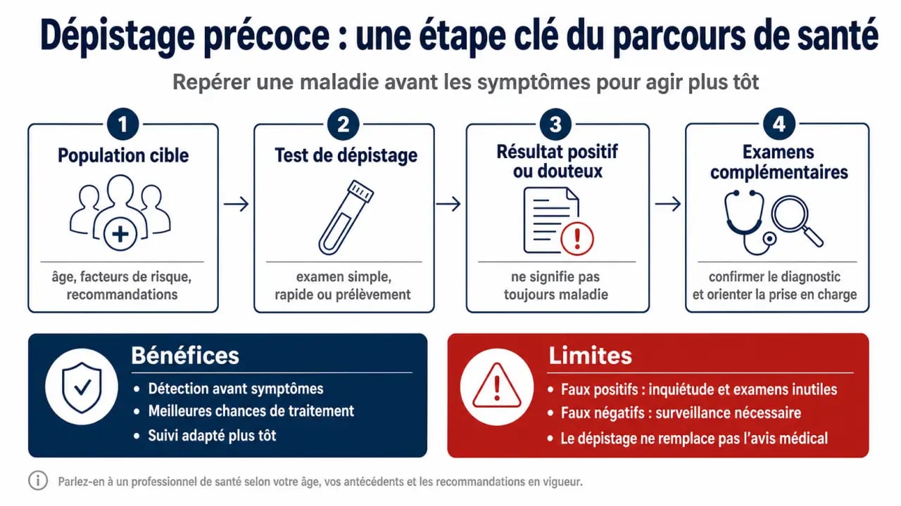 L'importance du dépistage précoce dans le parcours de santé illustrée par une infographie sur les étapes, les bénéfices et les limites