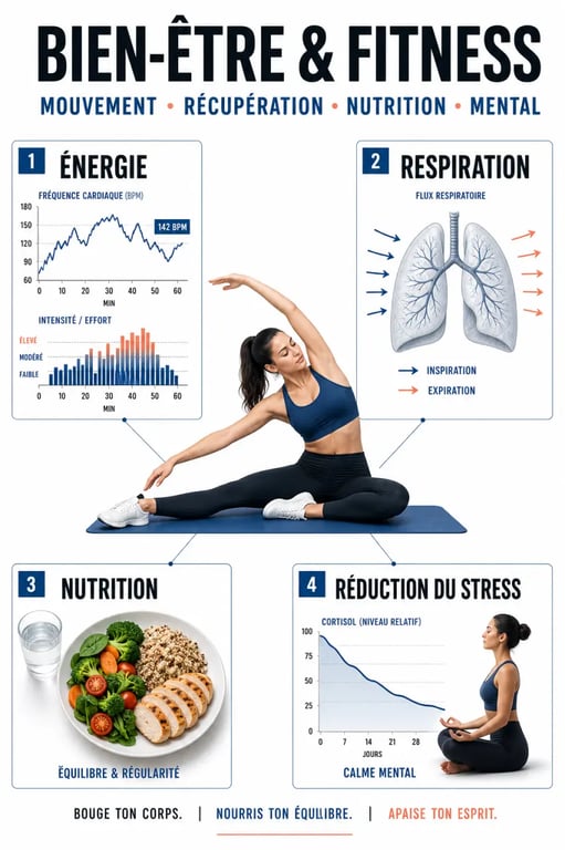 Bien-être & Fitness : illustration éditoriale des liens entre activité physique, nutrition, récupération et équilibre mental