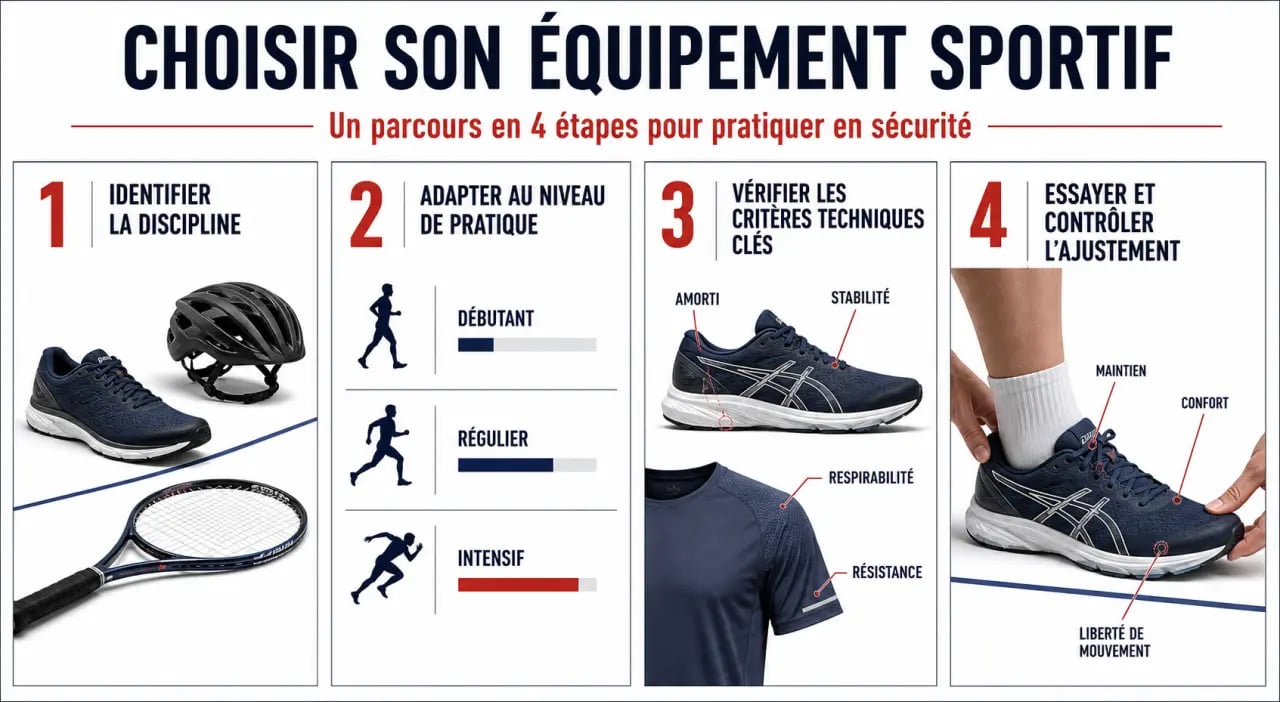 Comment choisir ses équipements sportifs pour une pratique sécurisée : parcours visuel pour sélectionner un équipement selon le sport, le niveau et les critères de sécurité