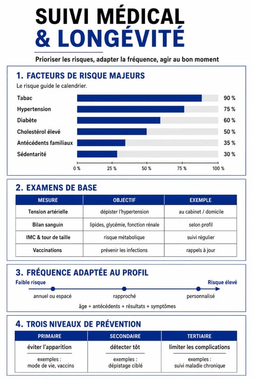 Infographie sur comment optimiser son suivi médical pour une meilleure longévité avec les priorités de prévention, les examens utiles et le rythme de suivi