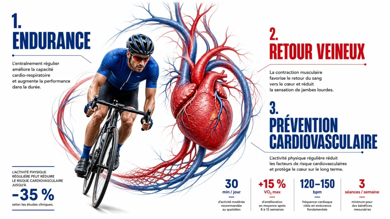 Les bienfaits du vélo pour améliorer votre santé cardiovasculaire illustrés par un visuel santé sur le cœur, la circulation et l’endurance